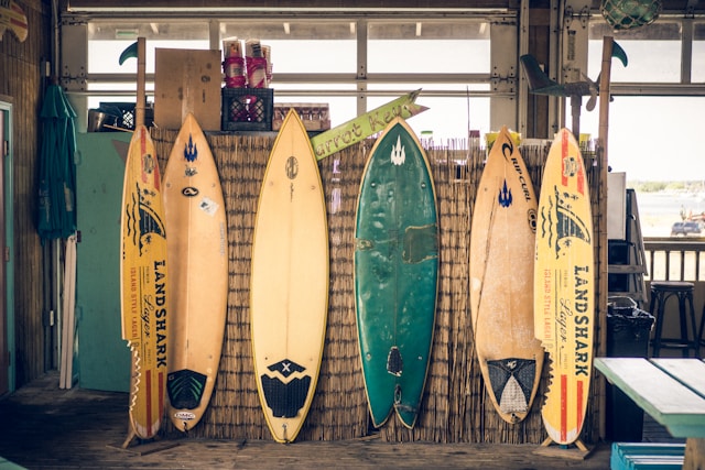 six colorful surfboards